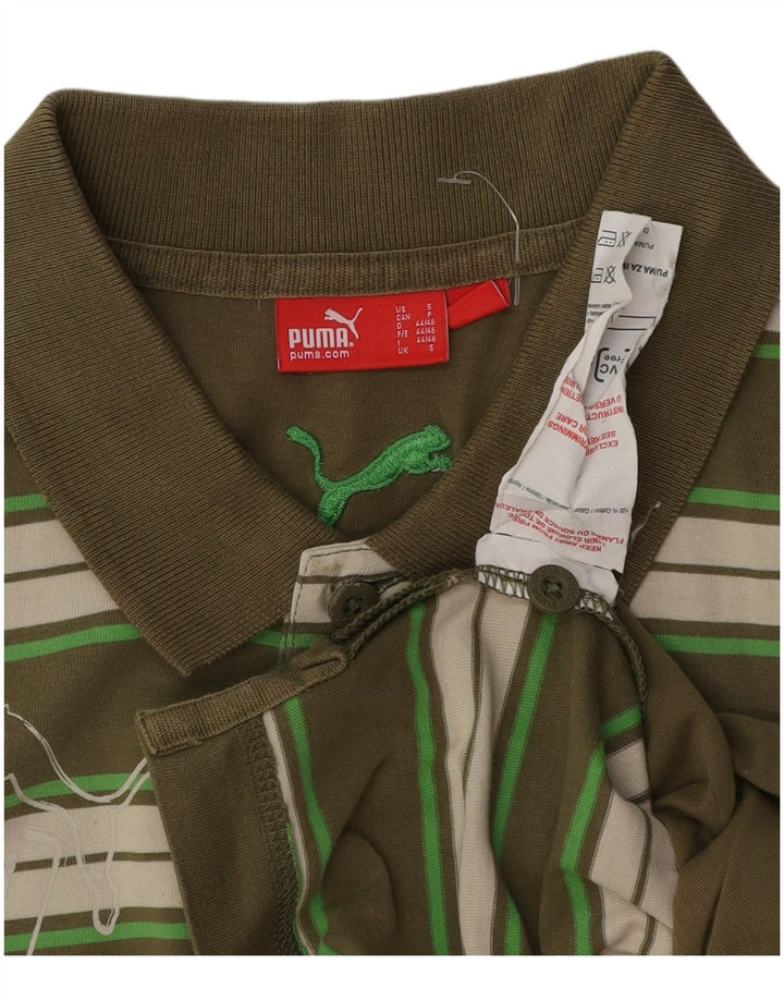 Camisa polo masculina Puma Graphic pequena listrada cáqui de algodão