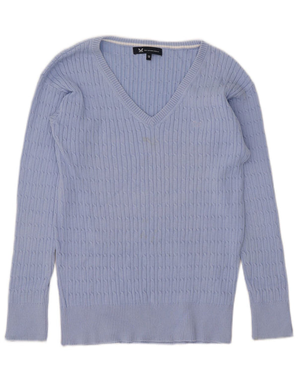 Suéter feminino Crew Clothing com decote em V UK 12 algodão azul médio