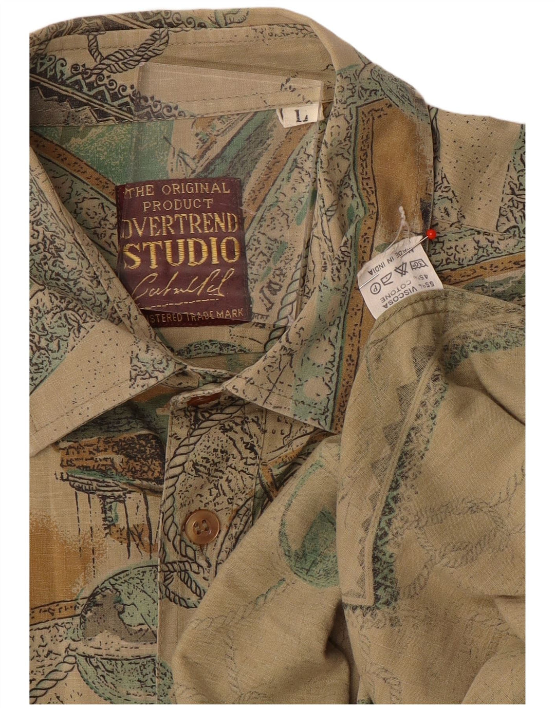 Camisa masculina Studio de manga curta estampada grande bege patchwork viscose