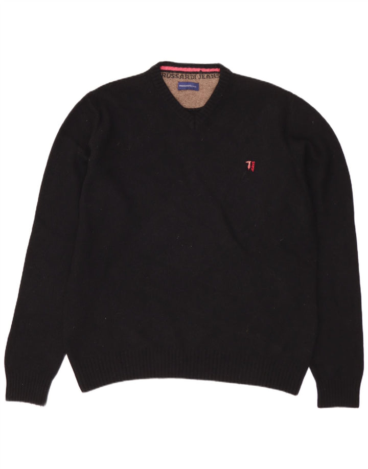 Suéter masculino TRUSSARDI JEANS com decote em V, grande lã preta