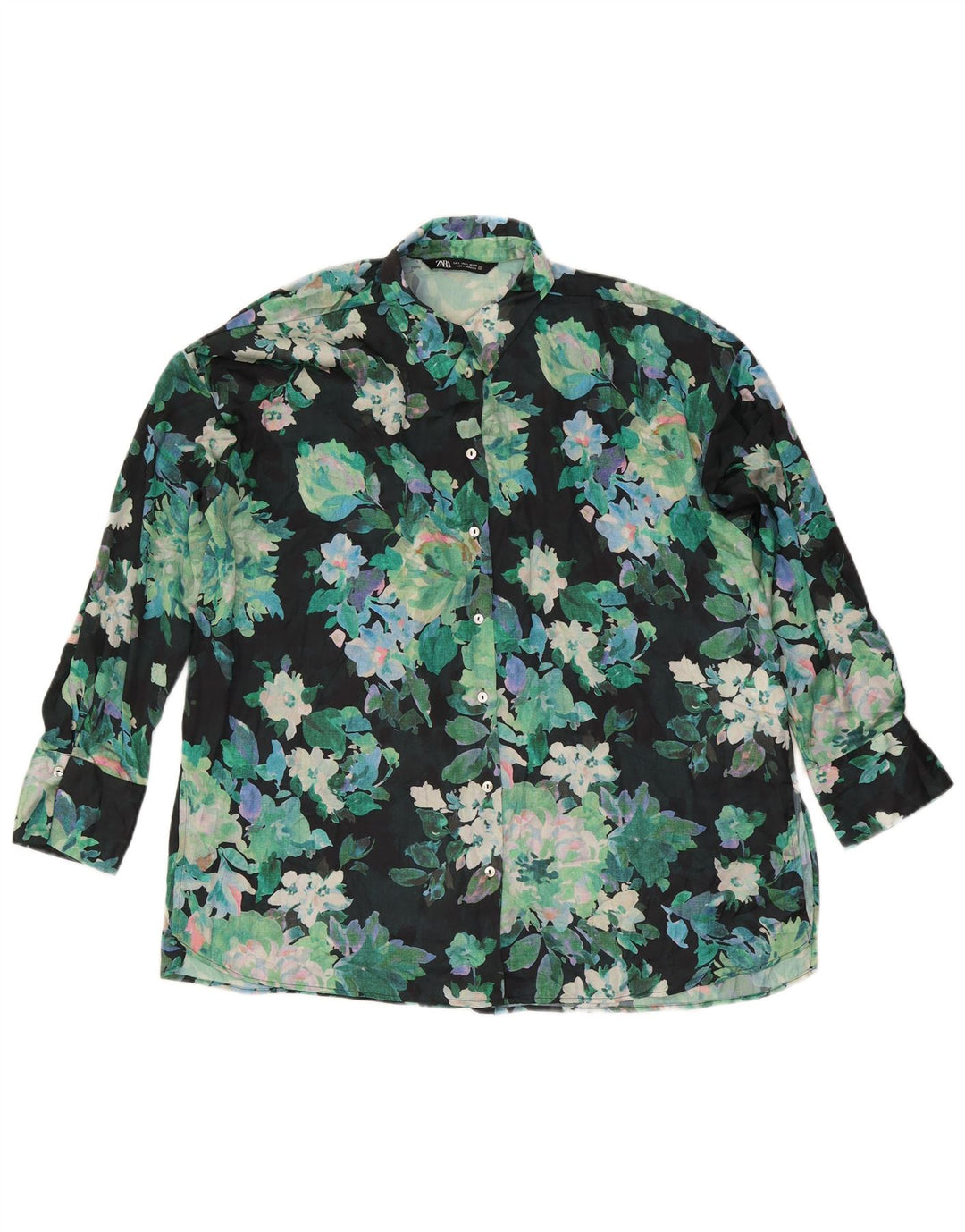 Blusa camisa oversized feminina Zara Reino Unido 16 grande poliéster floral verde