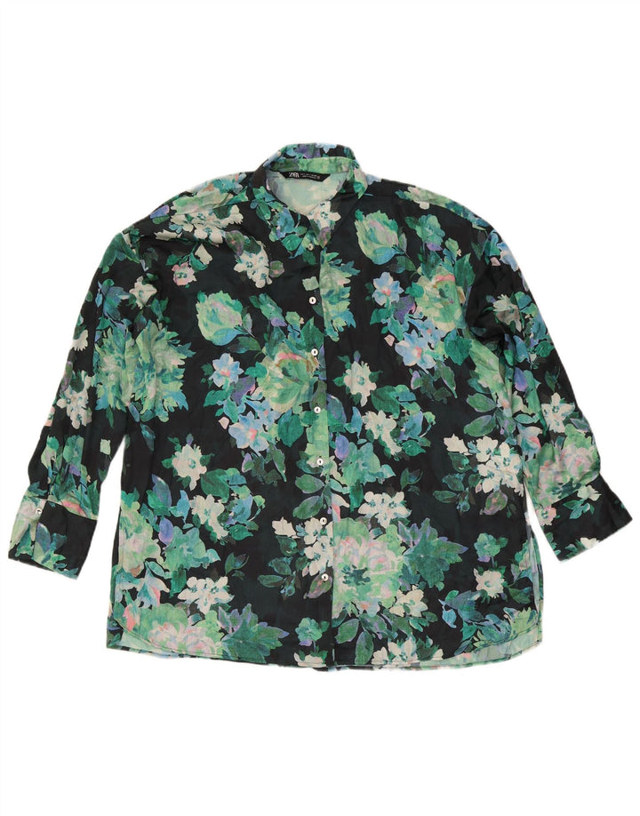 Blusa camisa oversized feminina Zara Reino Unido 16 grande poliéster floral verde