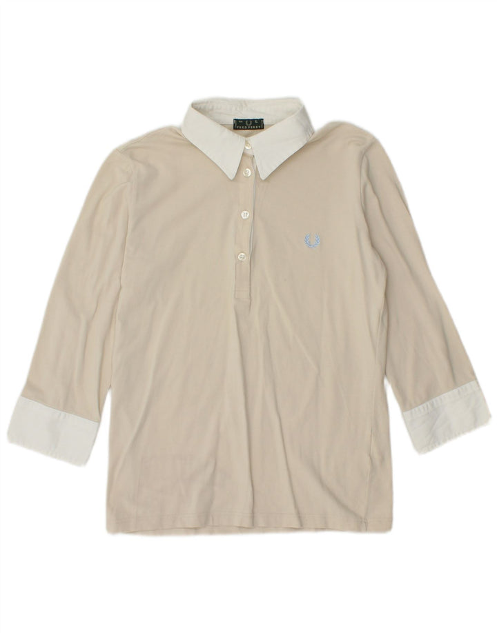 FRED PERRY Pulôver feminino manga 3/4 Reino Unido 14 grande bloco colorido bege