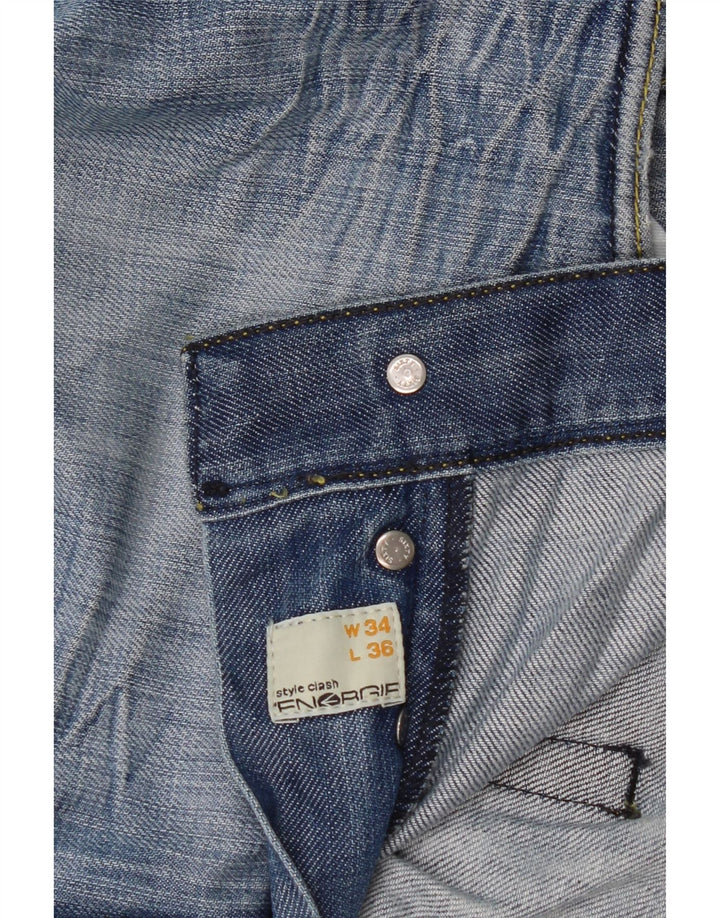 Energie Calça jeans reta masculina desgastada W34 L36 algodão azul