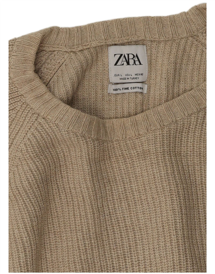 Suéter feminino Zara com gola redonda, grande algodão bege