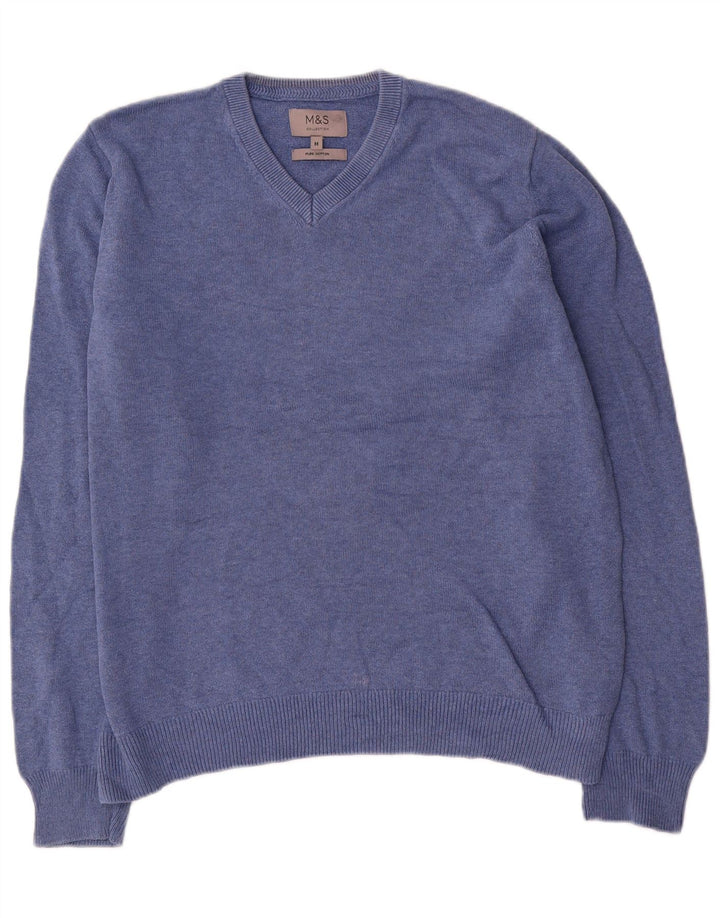 Suéter masculino Marks & Spencer com decote em V de algodão azul médio