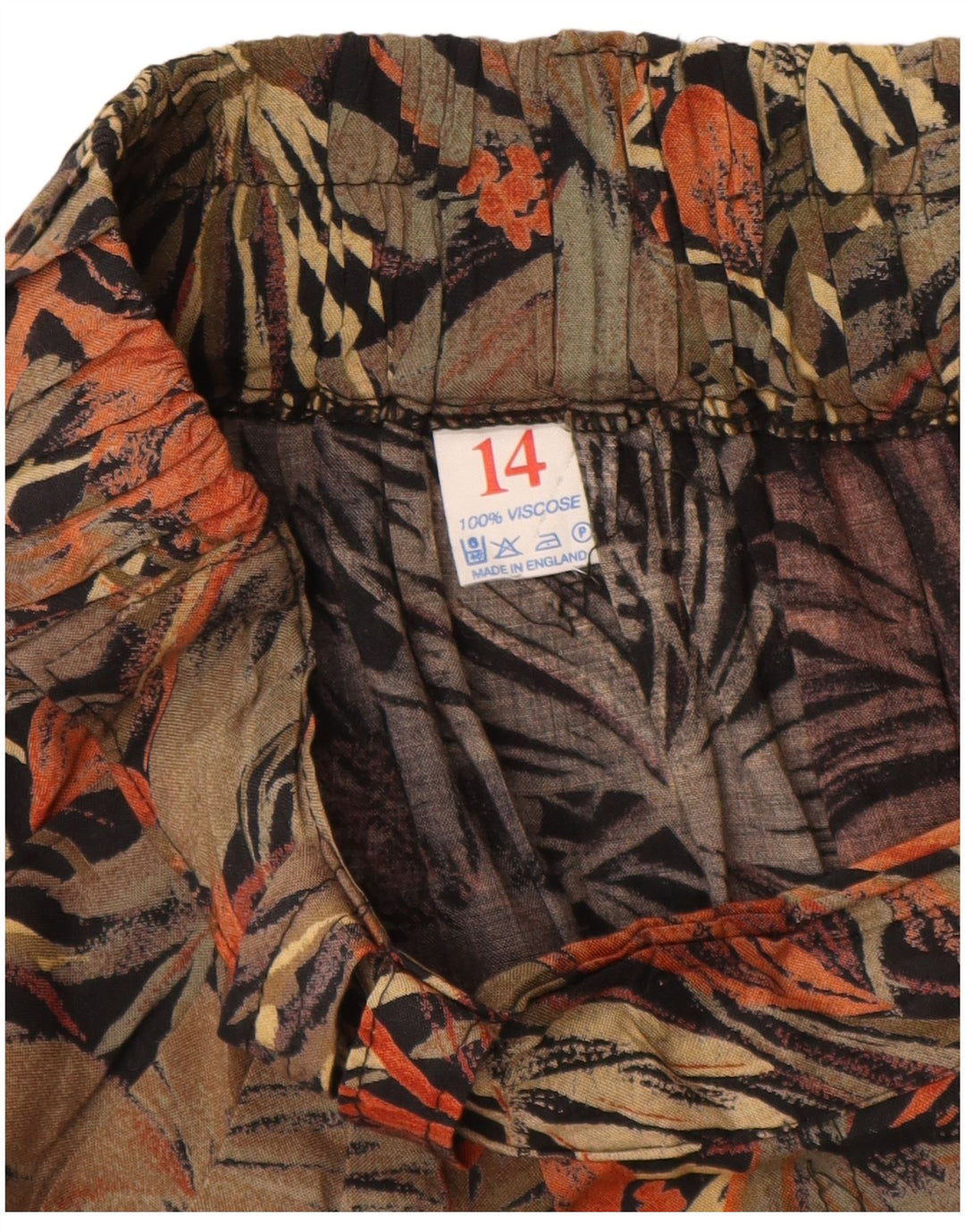 Saia evasê feminina VINTAGE Reino Unido 14 médio W28 viscose floral marrom