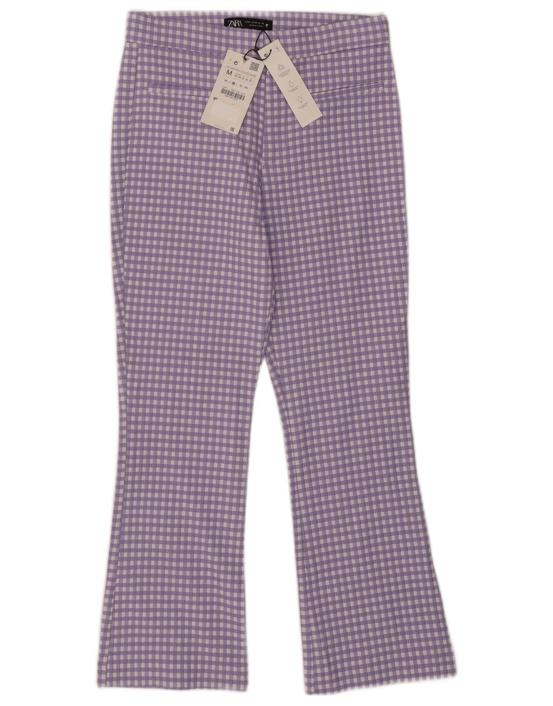 Calça feminina Zara Bootcut cortada média W28 L25 roxo guingão