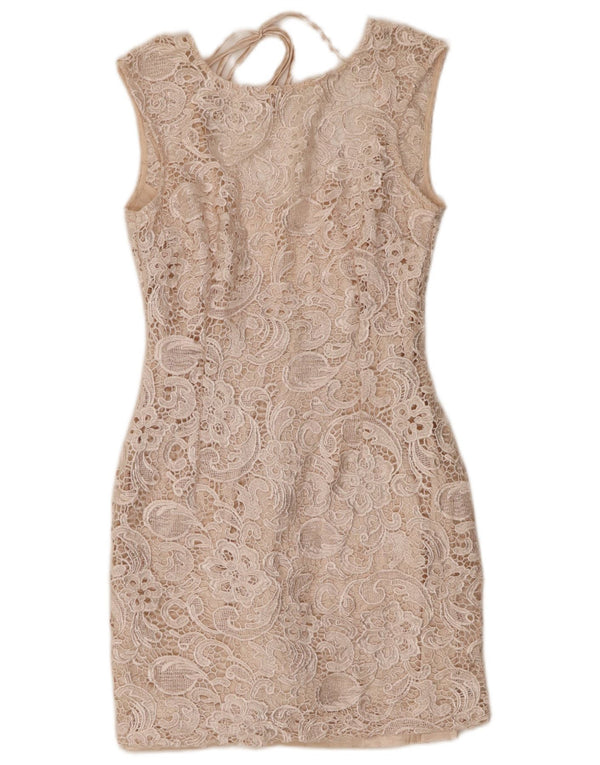 Vestido feminino Lipsy sem mangas com bainha de renda Reino Unido 10 pequeno bege paisley