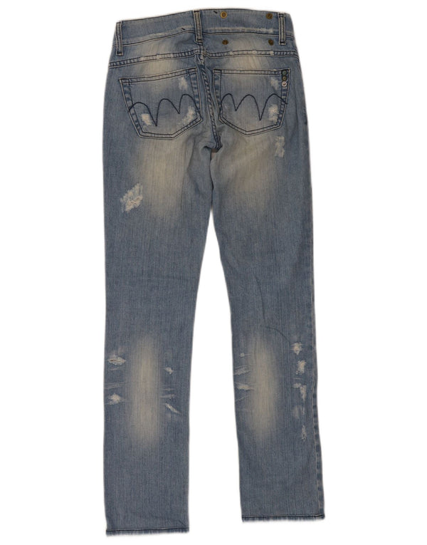Jeans slim feminino MET W26 L30 algodão manchado azul