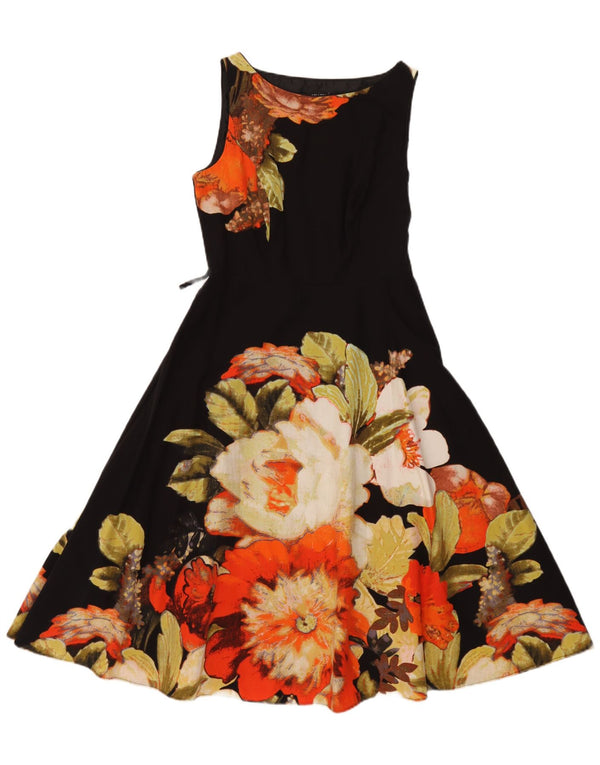 Vestido feminino Debenhams sem mangas evasê UK 12 algodão floral preto médio