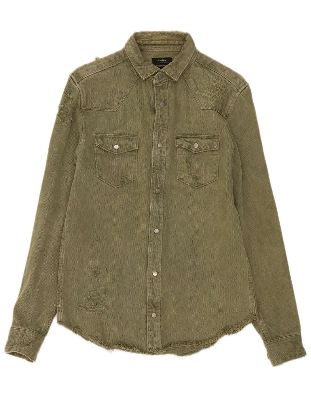 Camisa jeans masculina ZARA com ajuste relaxado e desgastado pequeno algodão cáqui