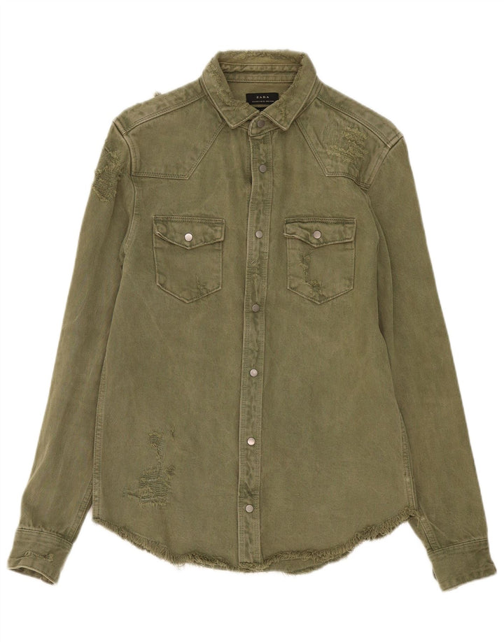 Camisa jeans masculina ZARA com ajuste relaxado e desgastado pequeno algodão cáqui