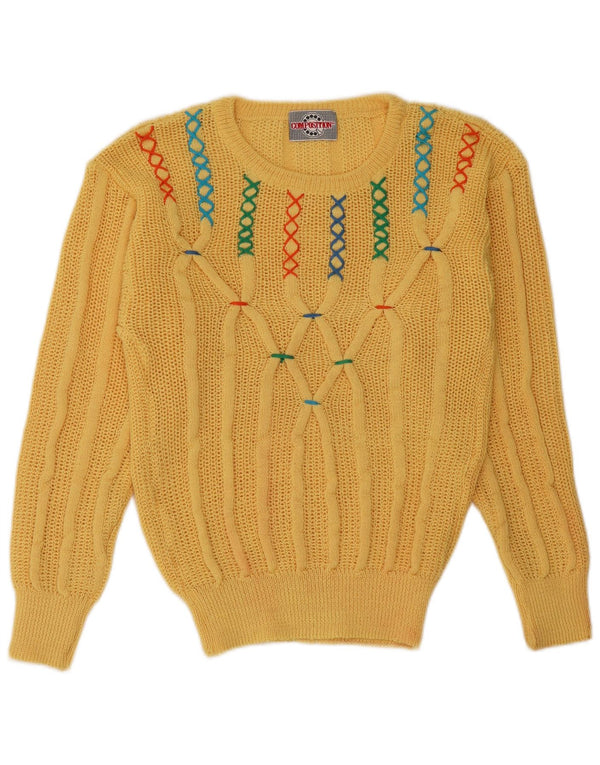 Suéter feminino VINTAGE com gola canoa Reino Unido 12 acrílico amarelo médio