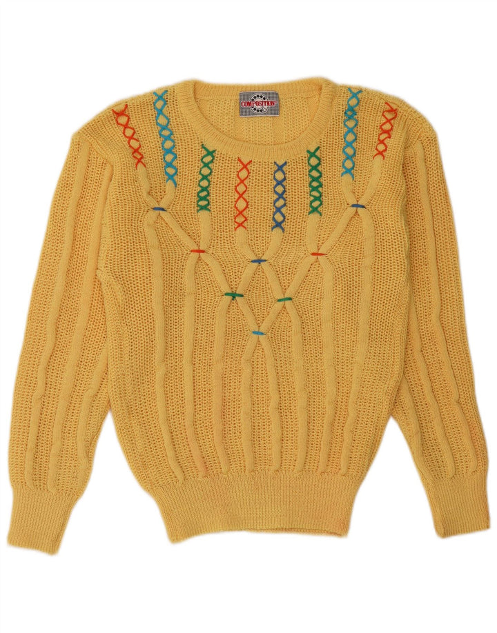 Suéter feminino VINTAGE com gola canoa Reino Unido 12 acrílico amarelo médio