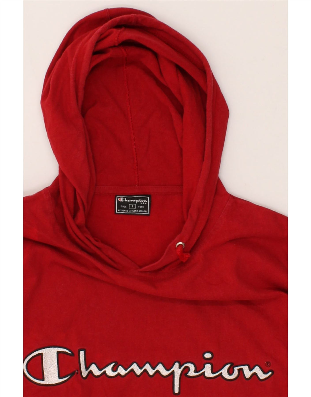 CHAMPION Mens Graphic Hoodie Jumper Small Red Cotton Vintage Champion and Second-Hand Champion from Messina Hembry 