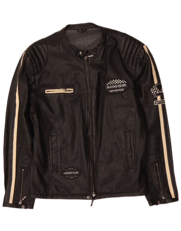 Jaqueta masculina vintage de couro gráfico para motocicleta Reino Unido 40 grande preta