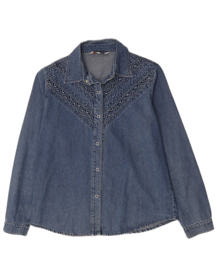 Camisa jeans feminina vintage Reino Unido 14 algodão azul médio