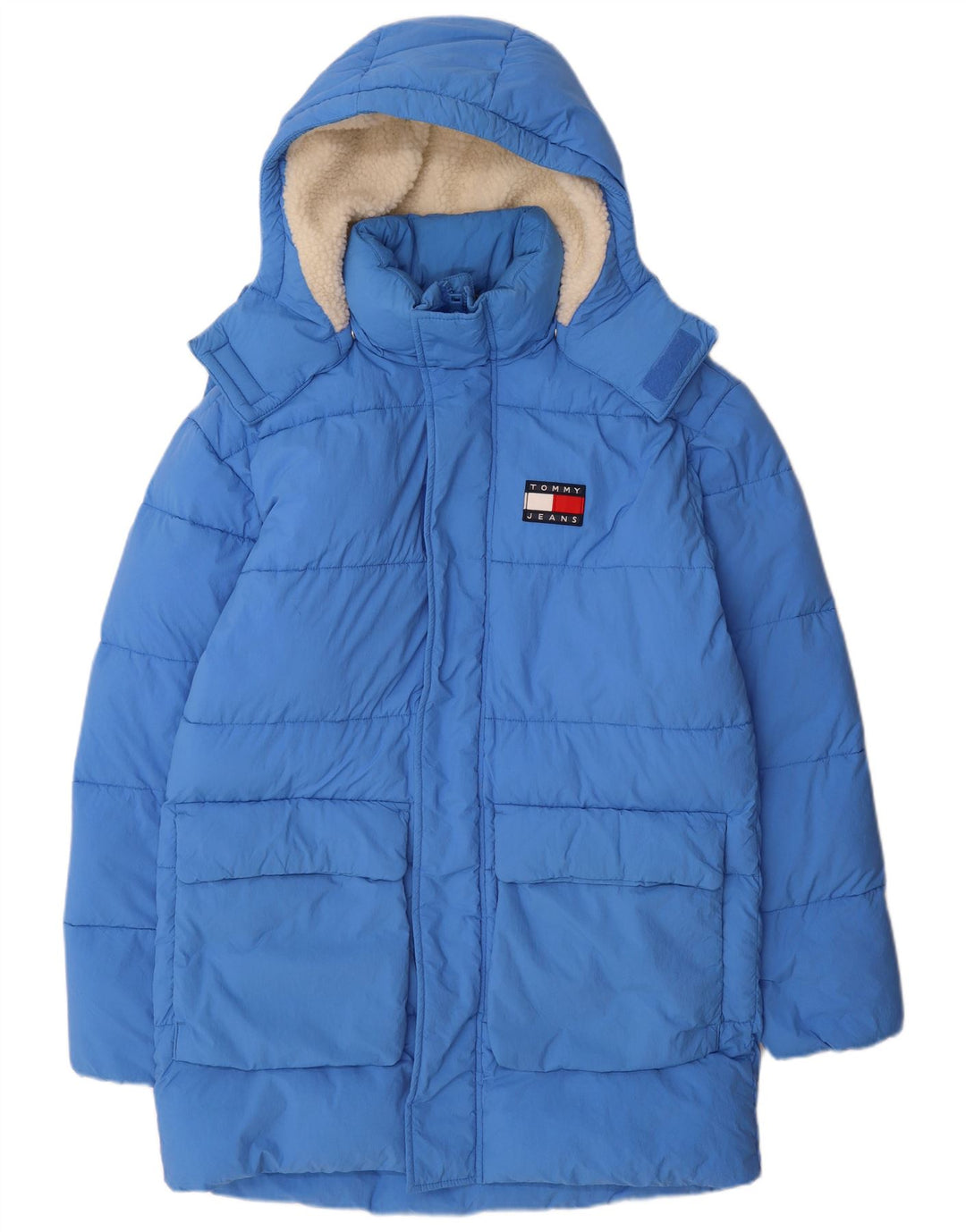 Casaco acolchoado com capuz masculino Tommy Hilfiger Reino Unido 36 pequeno azul poliamida