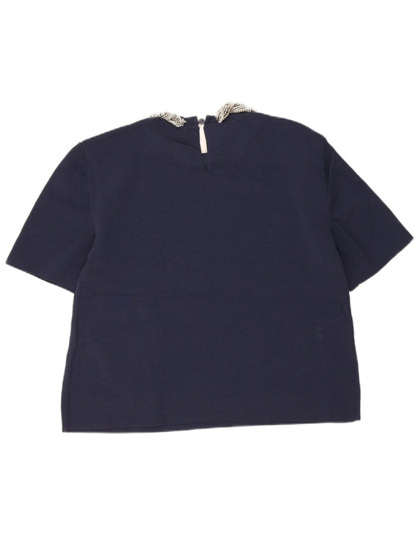 Blusa feminina Zara Top UK 12 Viscose Azul Marinho Médio