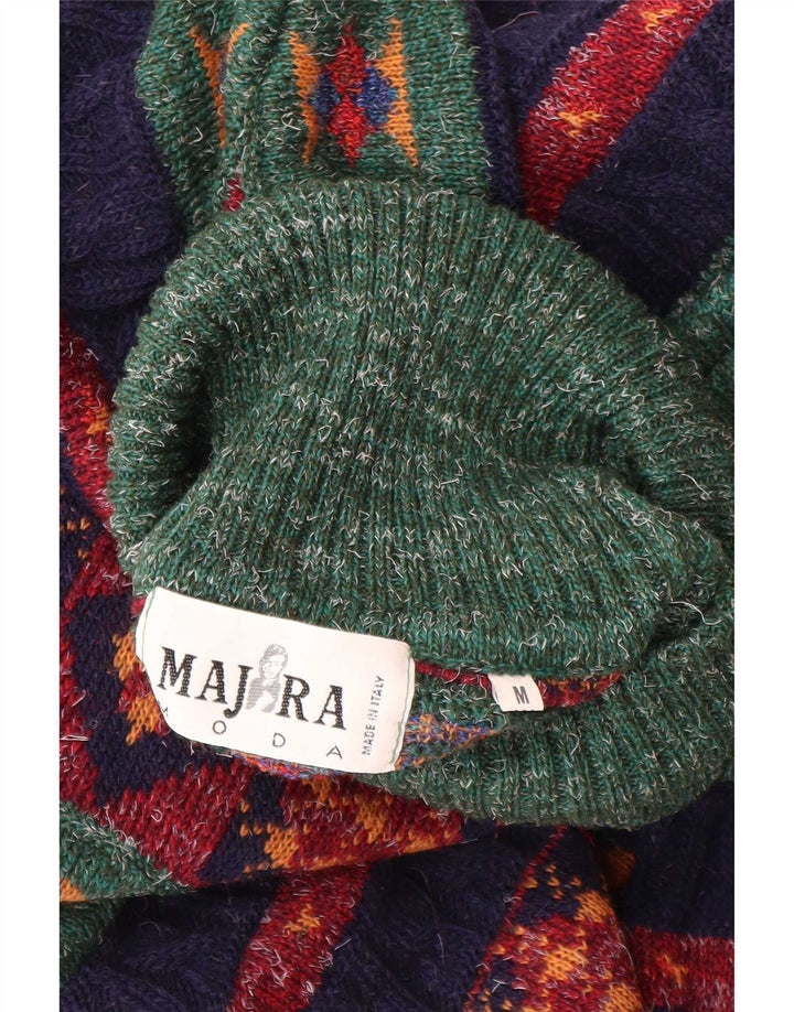 Suéter vintage masculino com gola redonda, lã de alpaca geométrica verde média