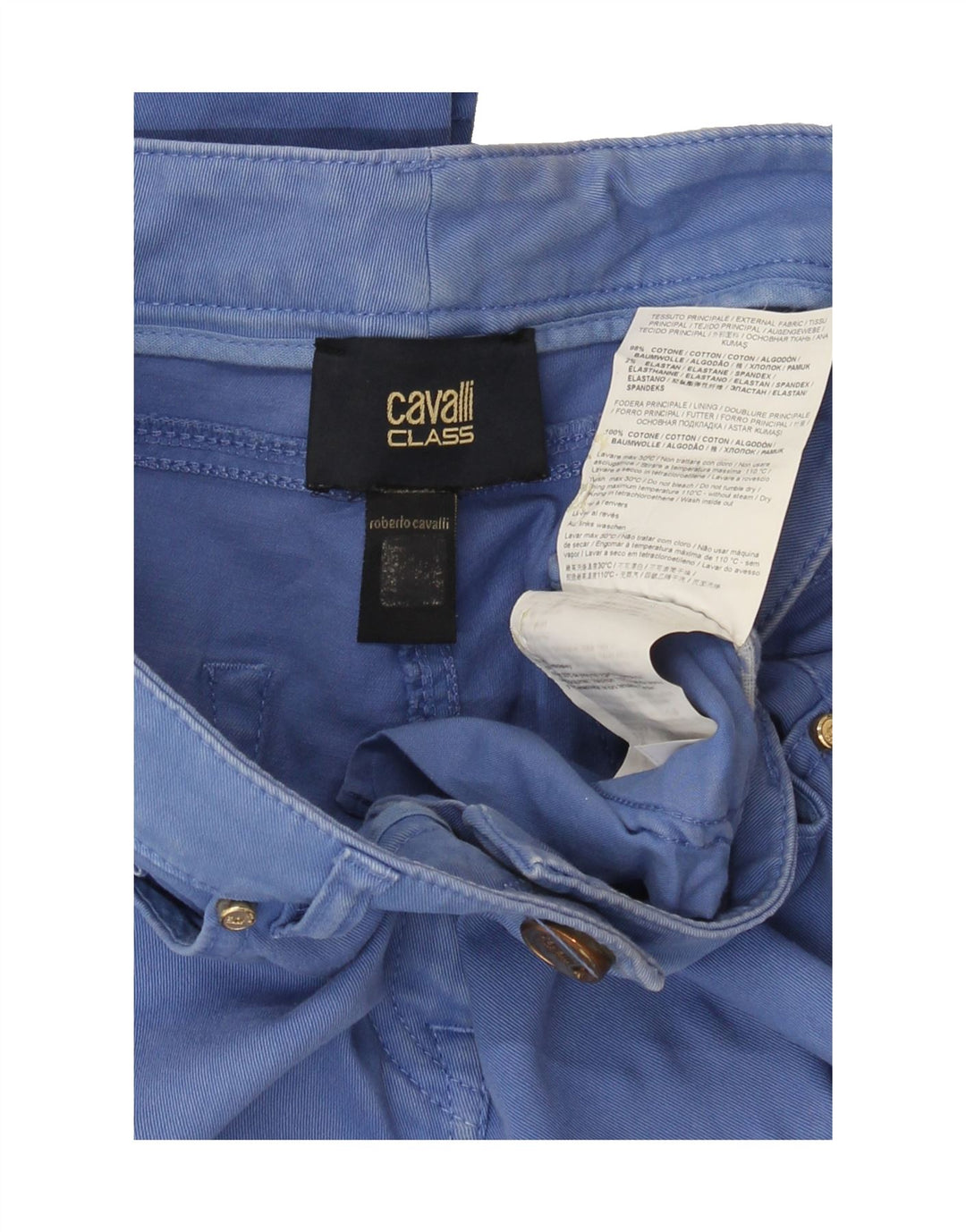 CAVALLI Womens Slim Casual Trousers W30 L31 Blue Cotton Vintage Cavalli and Second-Hand Cavalli from Messina Hembry 