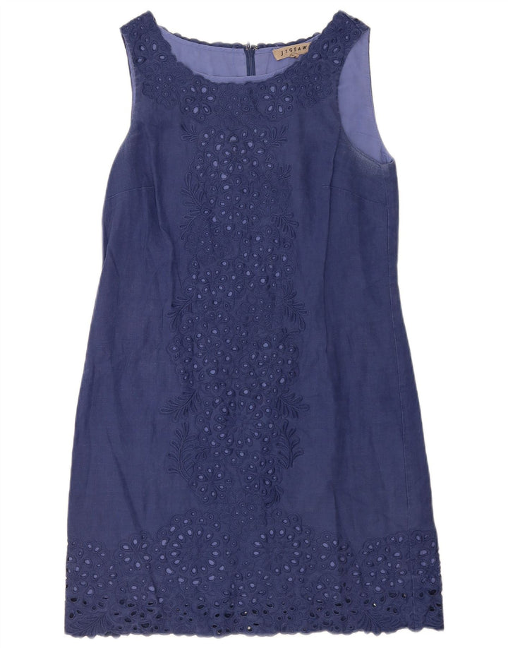 Vestido básico feminino sem mangas Jigsaw Reino Unido 10 pequeno linho floral azul marinho