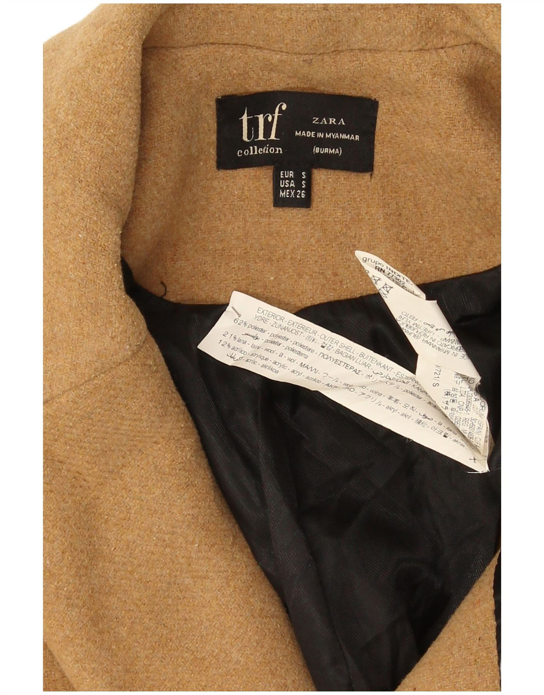 Zara Casaco feminino oversized com peito duplo Reino Unido 10 pequeno poliéster bege