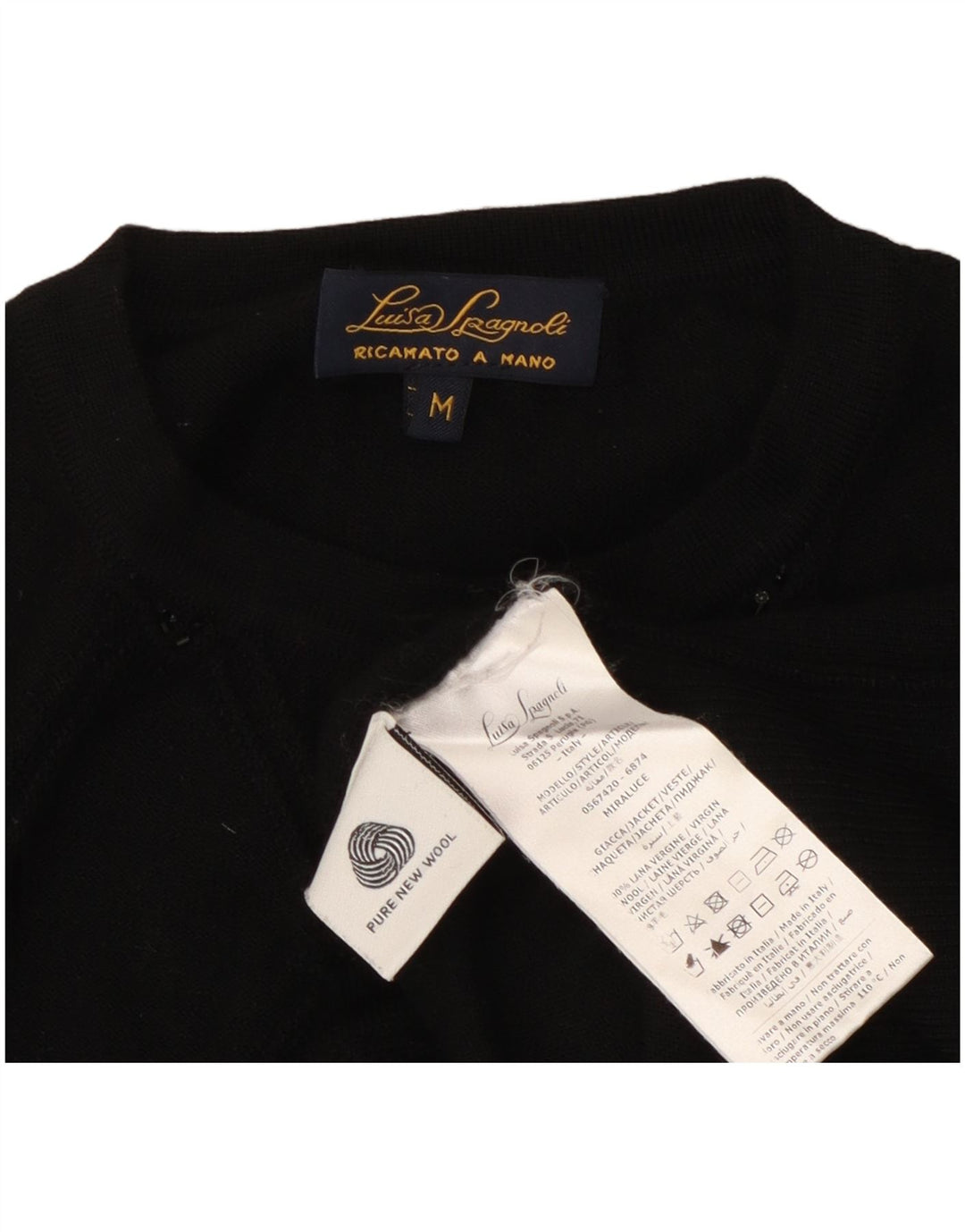Suéter cardigã feminino Luisa Spagnoli Reino Unido 14 lã geométrica preta média