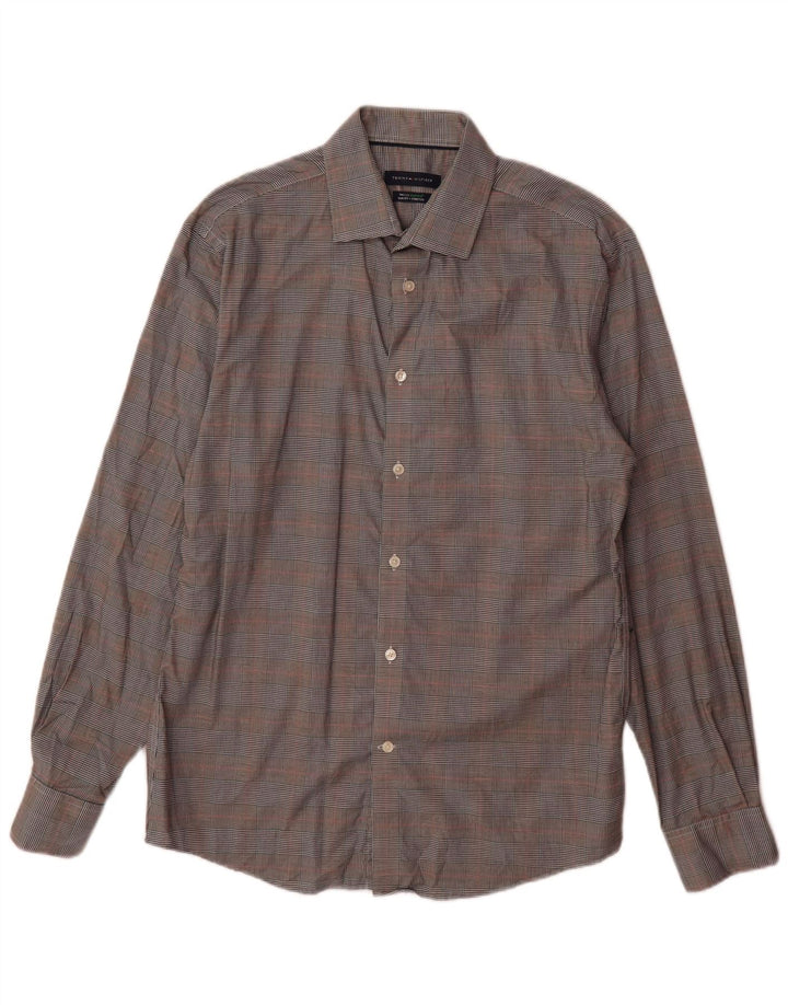 Camisa masculina Tommy Hilfiger Slim Fit tamanho 15 1/2 algodão xadrez cinza médio