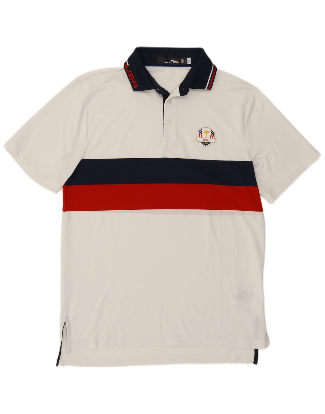 Camisa polo masculina Ralph Lauren EUA pequena poliéster listrada branca