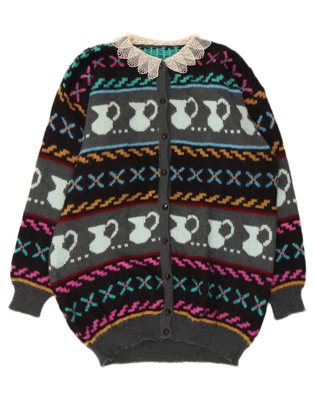 Suéter feminino vintage com padrão abstrato cardigan Reino Unido 10 pequeno multicolorido