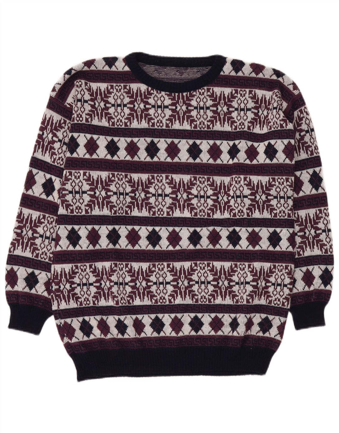 Suéter masculino VINTAGE com gola redonda Reino Unido 40 Médio Borgonha Fair Isle