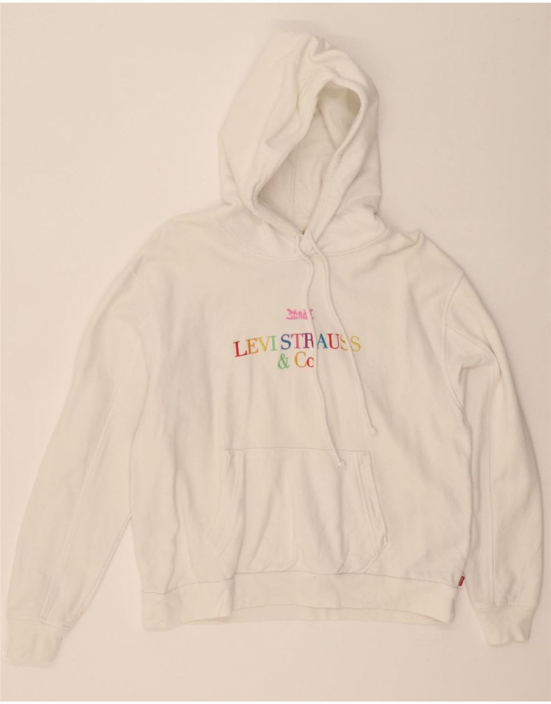 LEVI'S Womens Oversized Graphic Hoodie Jumper UK 2 2XS White Cotton Vintage Levi's and Second-Hand Levi's from Messina Hembry 