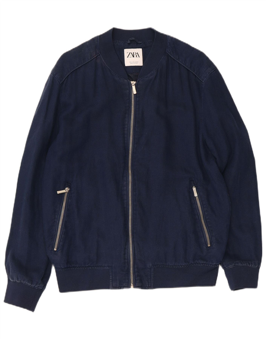 Jaqueta bomber masculina ZARA UK 40 grande poliéster azul marinho