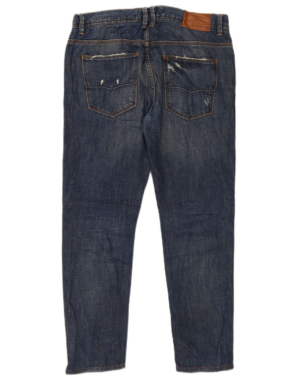 Zara Calça jeans reta masculina desgastada UE 44 grande W34 L29 azul marinho