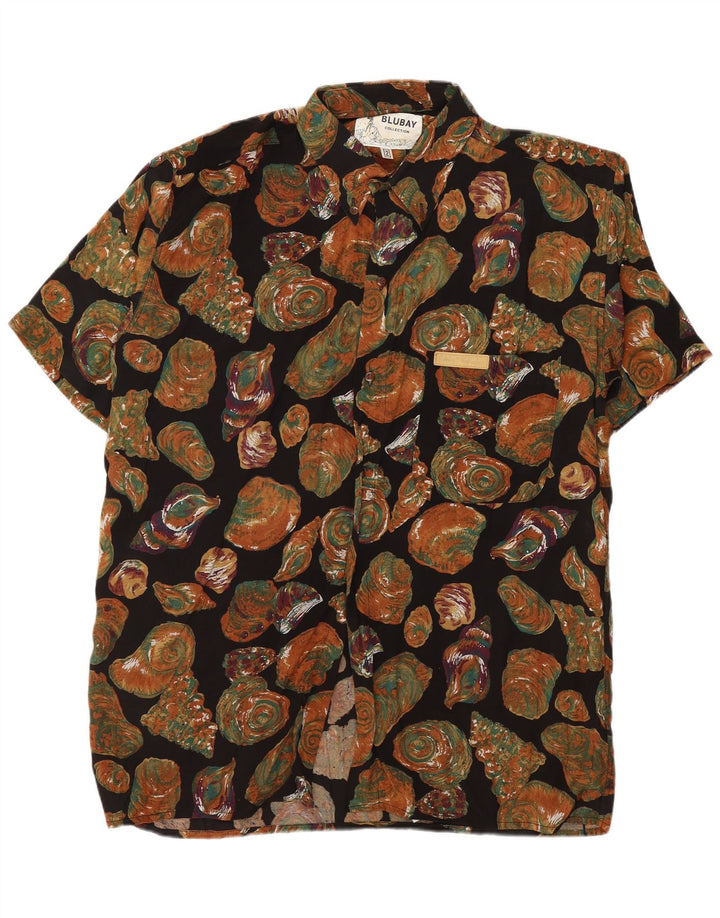 Vintage masculino abstrato Padrão camisa de manga curta viscose preta média