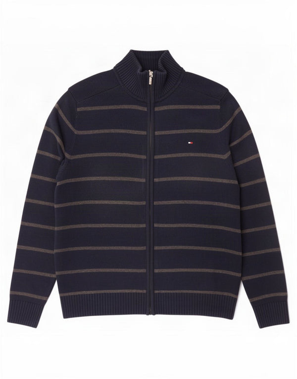 Suéter cardigã masculino Tommy Hilfiger pequeno algodão listrado azul marinho