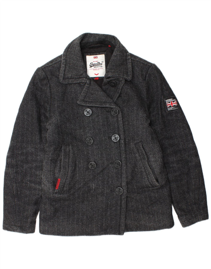 Casaco feminino SUPERDRY Pea Coat UK 14 lã espinha de peixe preta média