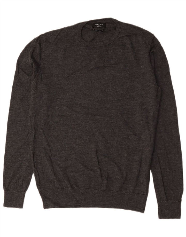 Zara Suéter masculino com gola redonda, grande lã cinza
