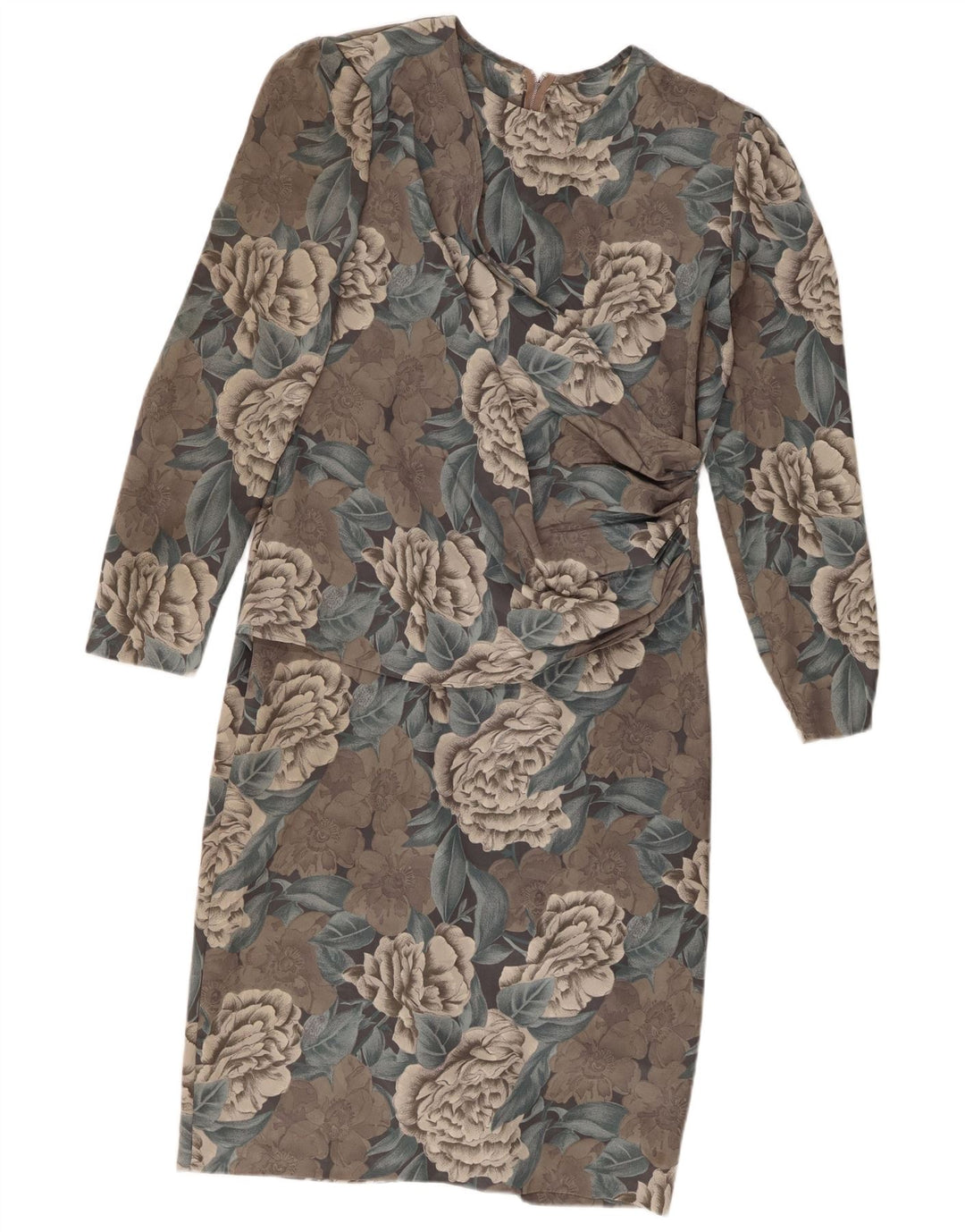 Vestido feminino vintage de manga comprida com bainha UK 12 poliéster floral cinza médio