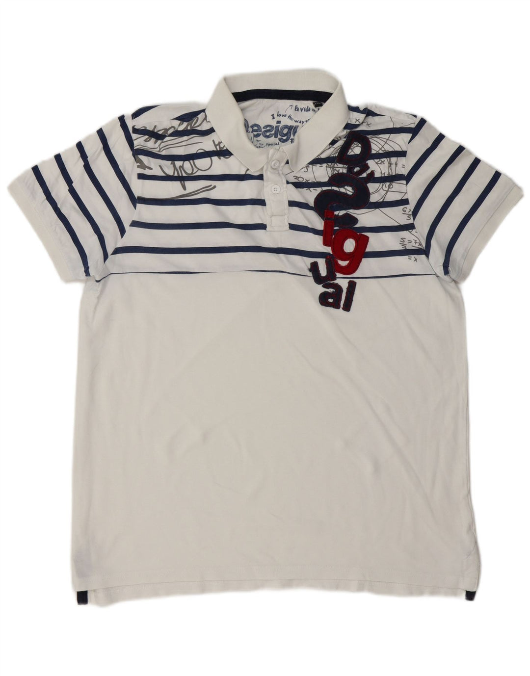 DESIGUAL Camisa polo masculina gráfica 2XL listrada branca