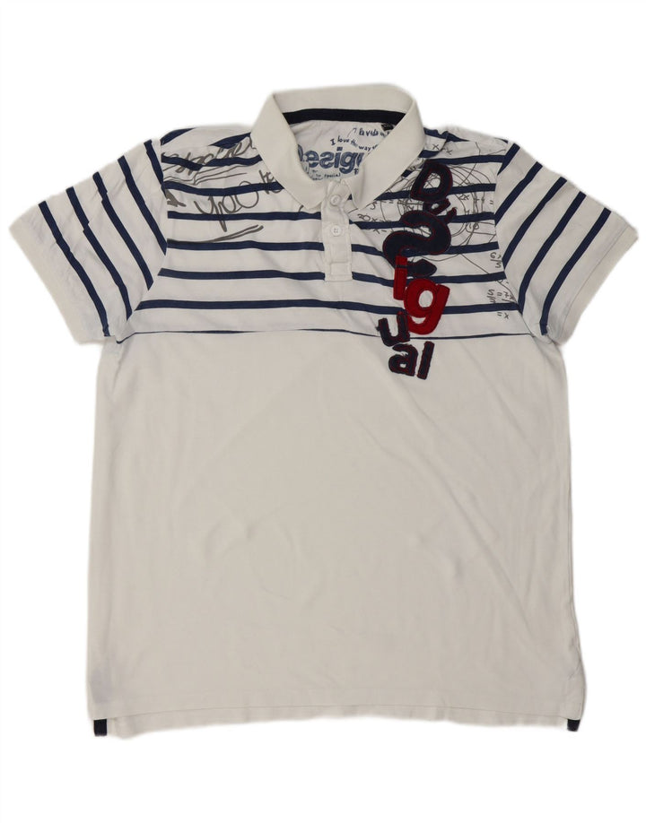 DESIGUAL Camisa polo masculina gráfica 2XL listrada branca