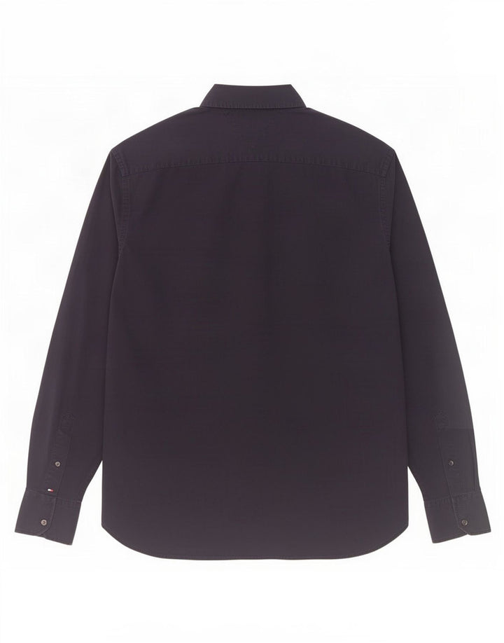 Tommy Hilfiger Camisa masculina justa de algodão azul marinho médio