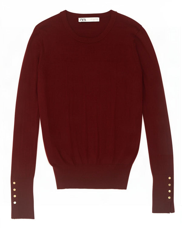 Zara Suéter feminino com gola redonda, Reino Unido 10 Pequeno Borgonha