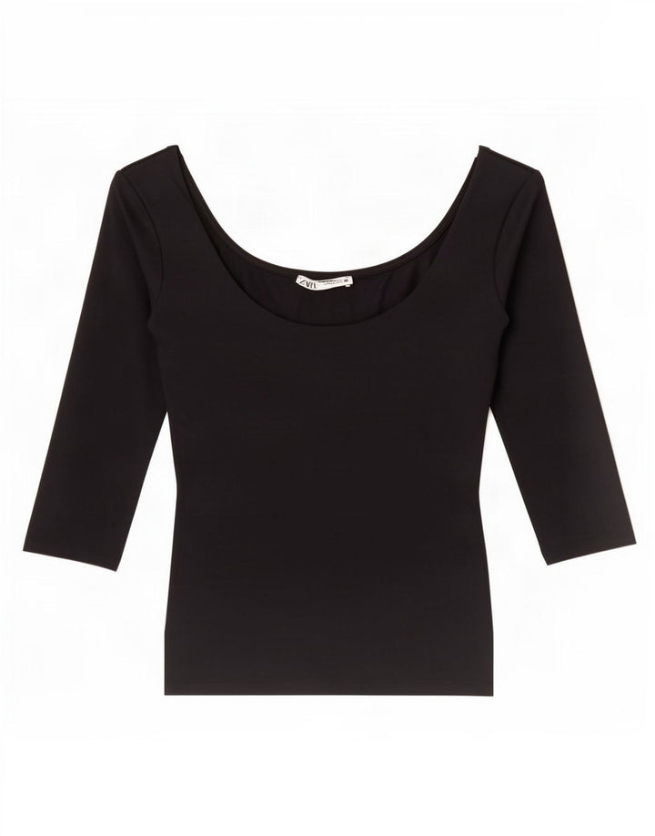 Zara Top feminino sem ombro manga 3/4 Reino Unido 8 pequeno preto poliamida