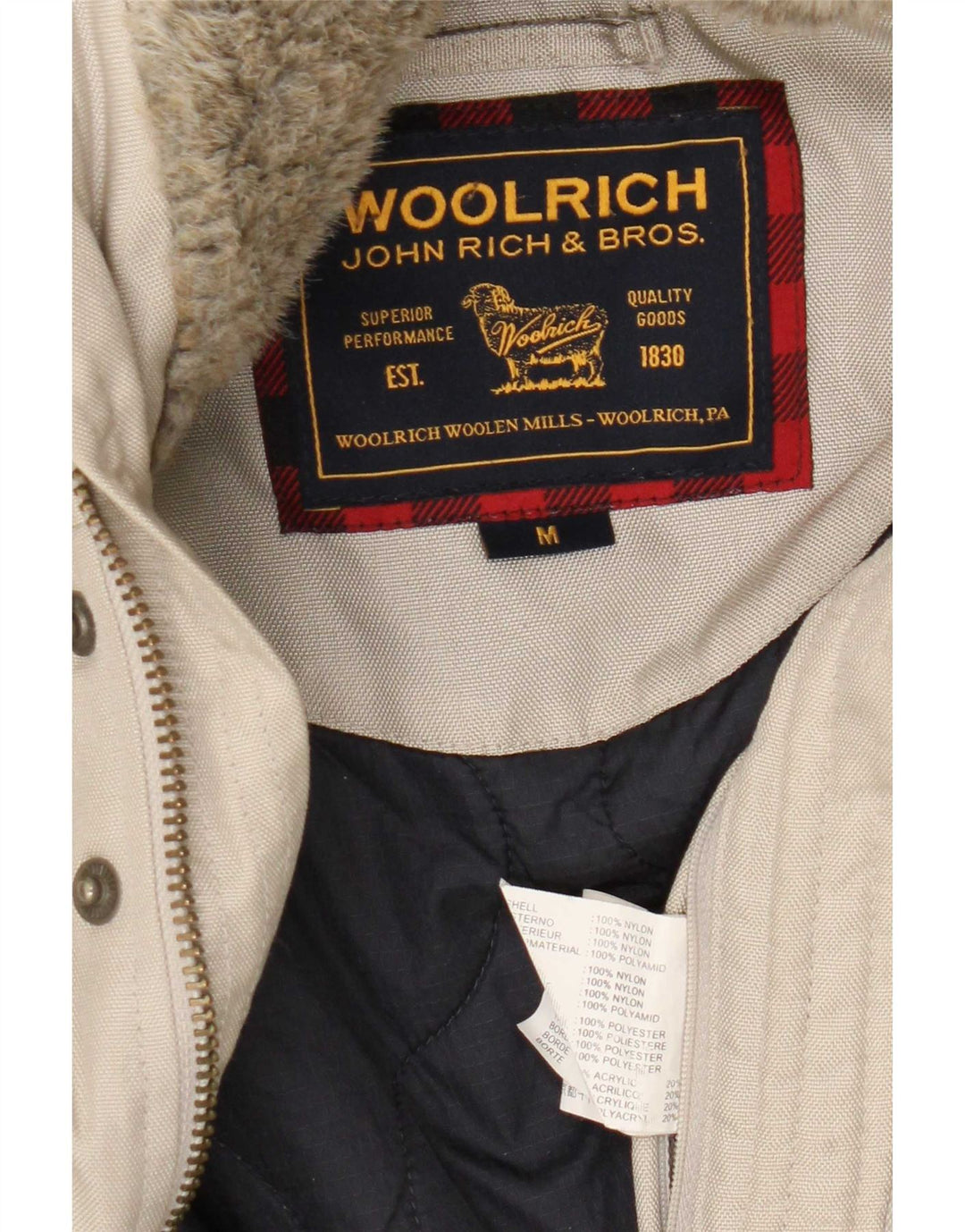 Jaqueta bomber masculina Woolrich com capuz Reino Unido 38 nylon bege médio