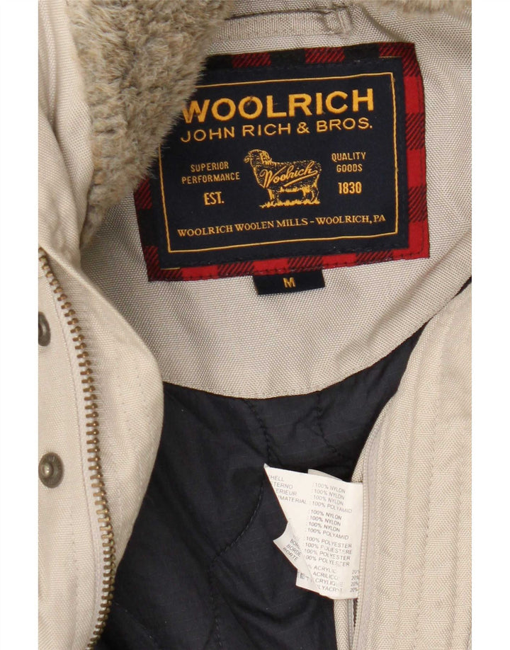 Jaqueta bomber masculina Woolrich com capuz Reino Unido 38 nylon bege médio