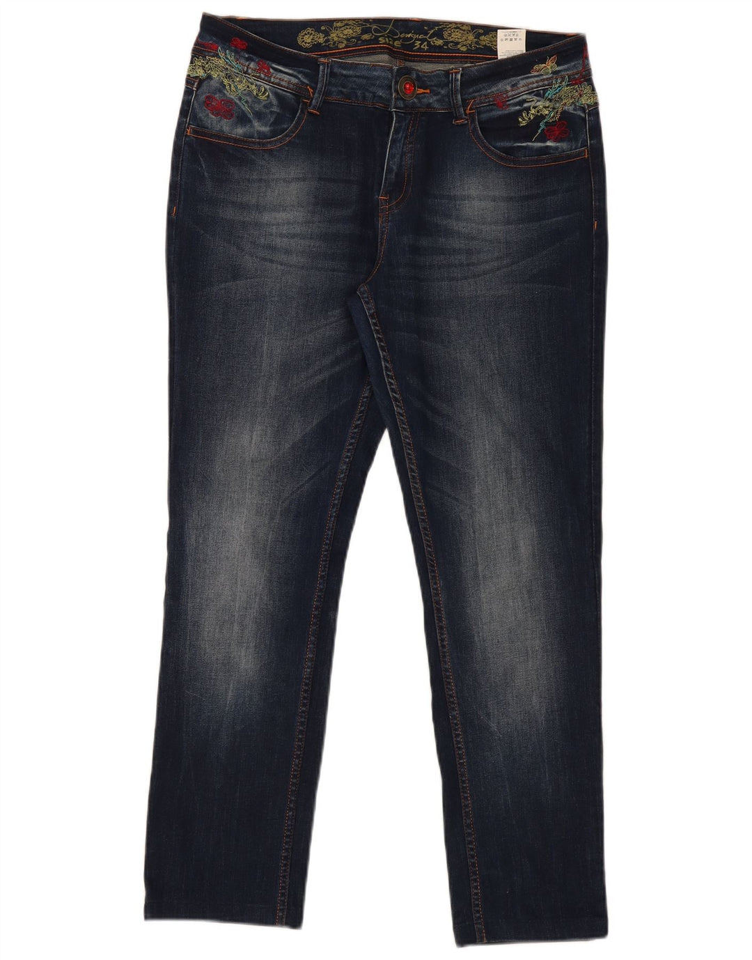Desigual Jeans feminino gráfico slim W34 L29 azul marinho poliéster
