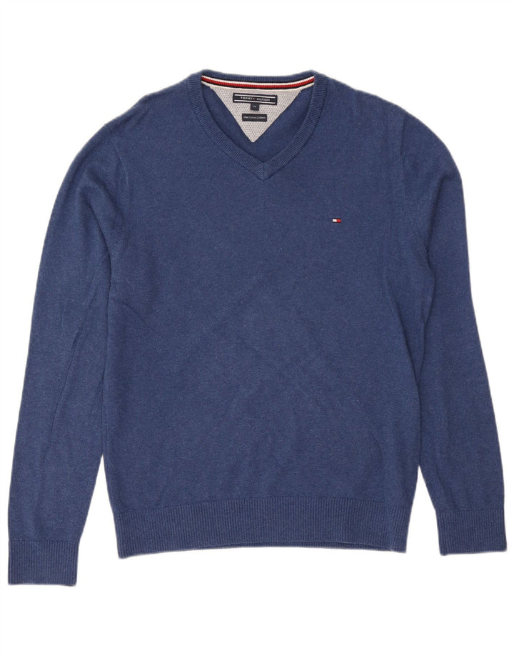 Tommy Hilfiger Suéter masculino com decote em V de algodão azul médio
